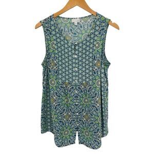J. Jill scoop neck, teal green print, baby doll style tunic button up size large